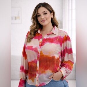 RNWY Watercolor Print Sheer Blouse – Size Large